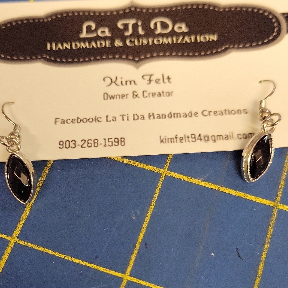 Black Gem Silver Tone Earrings